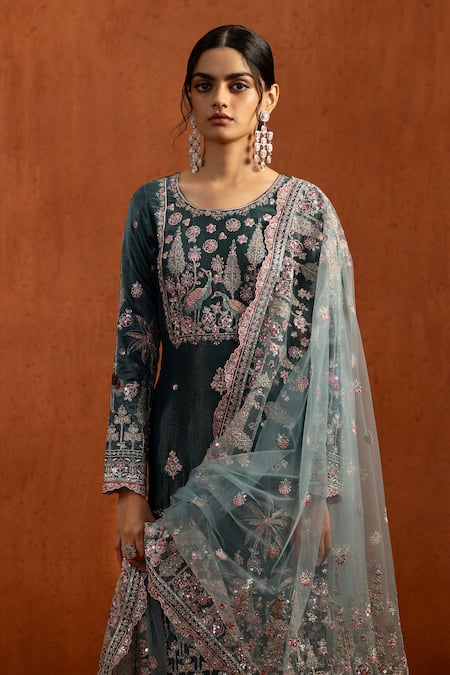 Lashkaraa_Blue Viscose, Tissue Embroidery, Sequins, Zari, Metallic Thread Kurta Pant Set _at_Aza_Fashions
