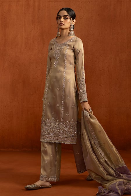 Buy Lashkaraa Gold Silk Embroidery, Sequins V-neck Kurta Palazzo Set Online at Aza Fashions Buy_Lashkaraa_Gold Silk Embroidery, Sequins V-neck Kurta Palazzo Set _Online_at_Aza_Fashions