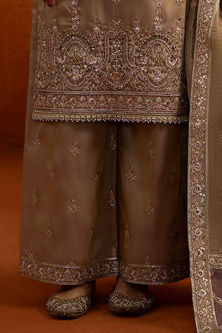 Shop Lashkaraa Gold Silk Embroidery, Sequins V-neck Kurta Palazzo Set Online at Aza Fashions Shop_Lashkaraa_Gold Silk Embroidery, Sequins V-neck Kurta Palazzo Set _Online_at_Aza_Fashions