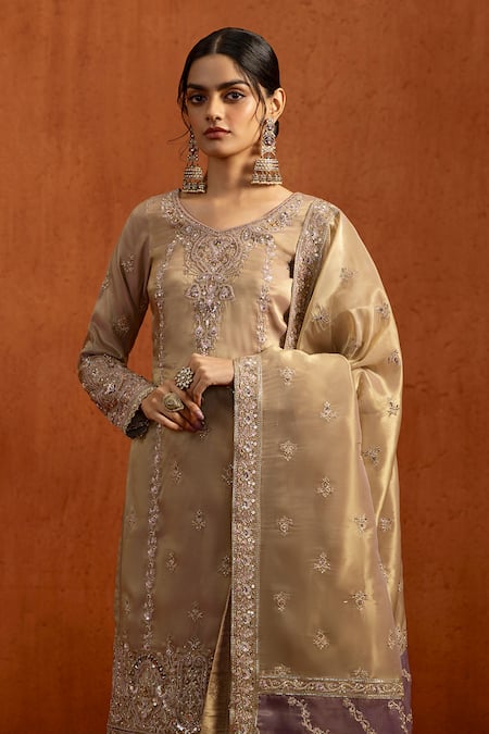 Lashkaraa Gold Silk Embroidery, Sequins V-neck Kurta Palazzo Set at Aza Fashions Lashkaraa_Gold Silk Embroidery, Sequins V-neck Kurta Palazzo Set _at_Aza_Fashions