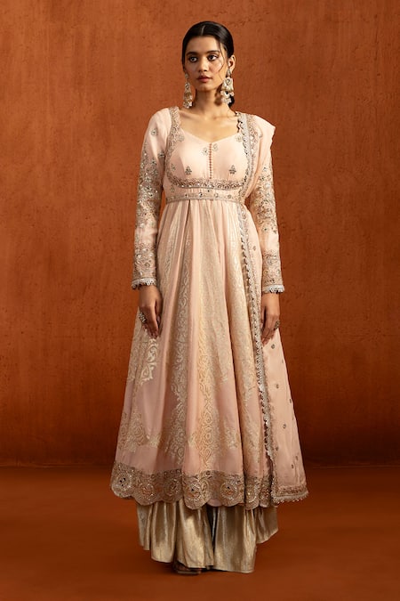 Buy_Lashkaraa_Pink Lampi Embroidery, Sequins, Zari, Tassels Square Neck Anarkali Sharara Set _Online_at_Aza_Fashions