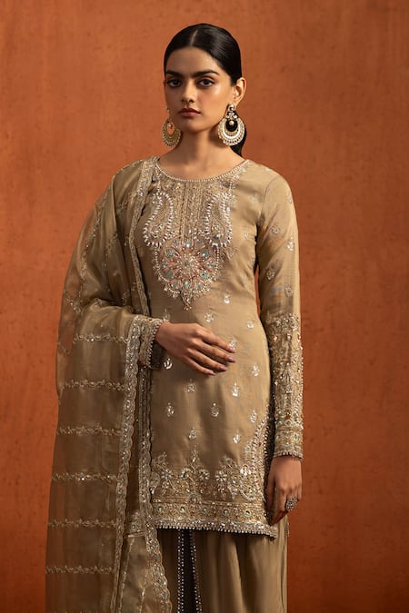 Shop_Lashkaraa_Brown Tissue Embroidery, Sequins, Stones, Zari Round Neck Kurta Salwar Set _Online_at_Aza_Fashions
