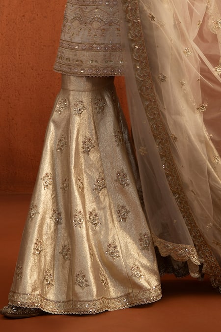 Shop_Lashkaraa_Off White Brocade, Lampi Embroidery, Metallic Thread, And Woven Kurta Gharara Set _Online_at_Aza_Fashions