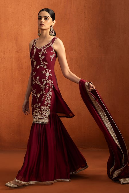 Shop Lashkaraa Red Silk Embroidery, Metallic Thread, Sequins, Gota Sleeveless Kurta Gharara Set Online at Aza Fashions Shop_Lashkaraa_Red Silk Embroidery, Metallic Thread, Sequins, Gota Sleeveless Kurta Gharara Set _Online_at_Aza_Fashions