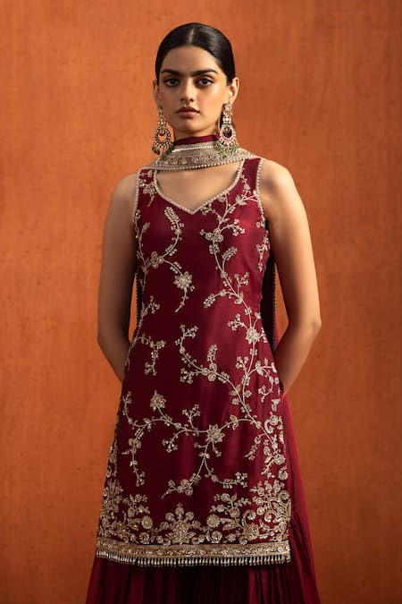 Lashkaraa Red Silk Embroidery, Metallic Thread, Sequins, Gota Sleeveless Kurta Gharara Set at Aza Fashions Lashkaraa_Red Silk Embroidery, Metallic Thread, Sequins, Gota Sleeveless Kurta Gharara Set _at_Aza_Fashions