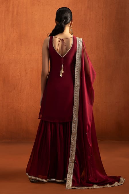 Lashkaraa Red Silk Embroidery, Metallic Thread, Sequins, Gota Sleeveless Kurta Gharara Set Online at Aza Fashions Lashkaraa_Red Silk Embroidery, Metallic Thread, Sequins, Gota Sleeveless Kurta Gharara Set _Online_at_Aza_Fashions