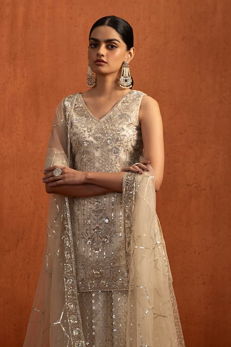 Buy_Lashkaraa_Ivory Net Sequins, Embroidery V-neck Kurta Sharara Set _Online_at_Aza_Fashions