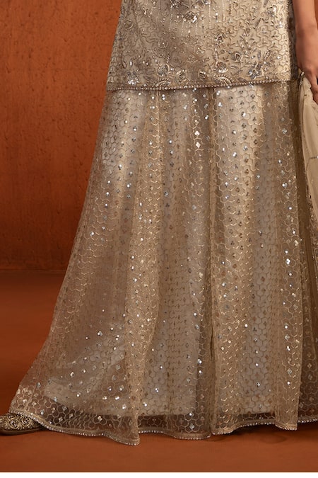 Shop_Lashkaraa_Ivory Net Sequins, Embroidery V-neck Kurta Sharara Set _Online_at_Aza_Fashions