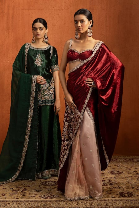 Shop_Lashkaraa_Red Viscose, Velvet Sequins, Beads, Embroidery, Pre-draped Saree And Blouse Set _Online_at_Aza_Fashions