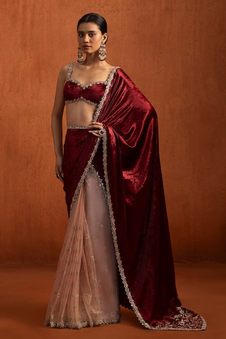 Lashkaraa_Red Viscose, Velvet Sequins, Beads, Embroidery, Pre-draped Saree And Blouse Set _at_Aza_Fashions