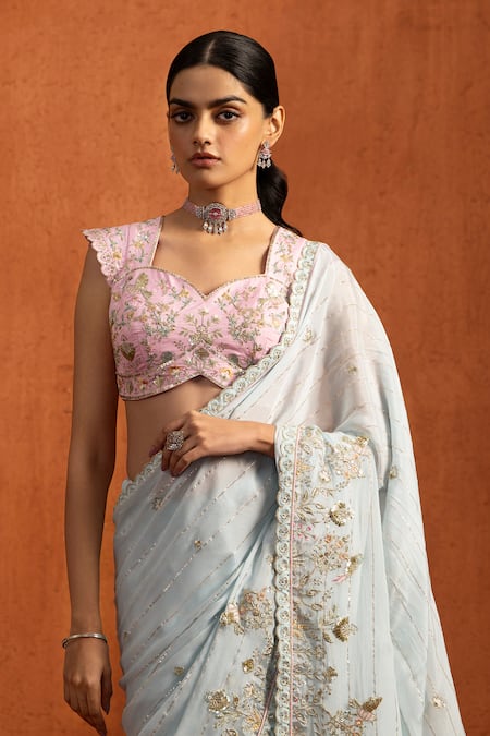 Buy_Lashkaraa_Blue Viscose, Chiffon Embroidery, Sequins, Zari Floral Pre-draped Saree Set _Online_at_Aza_Fashions