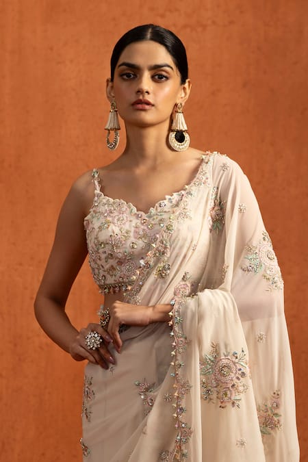 Buy_Lashkaraa_Off White Georgette Sequins, Beads, Floral Pre-draped Saree And Blouse Set _Online_at_Aza_Fashions