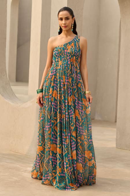 Diyarajvvir Abstract Floral Print One Shoulder Dress 