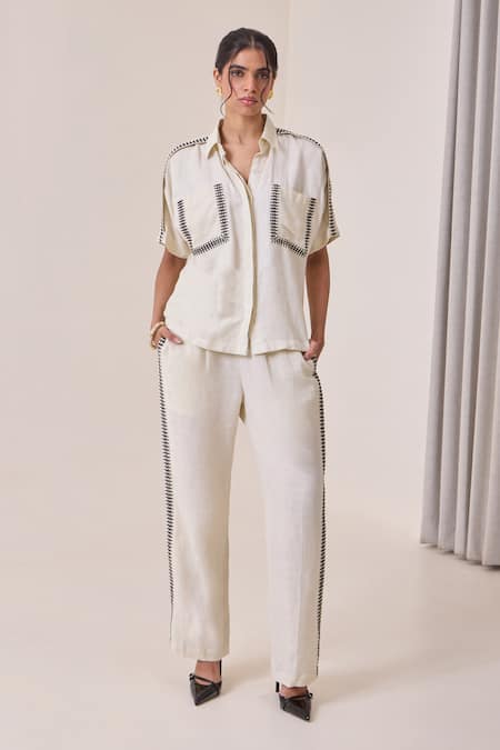 Needleten Embroidered Linen Trouser 