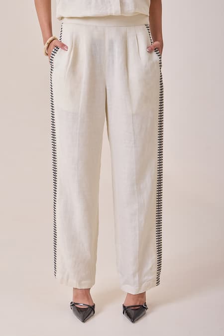 Needleten Embroidered Linen Trouser 