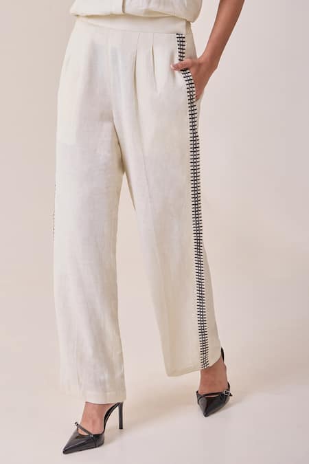 Needleten_Beige Linen Embroidery Trouser _Online_at_Aza_Fashions