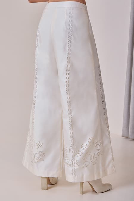 Needleten_Ivory Taffeta, Mesh Cut Work, Embroidery Floral Cutwork Palazzo _Online_at_Aza_Fashions