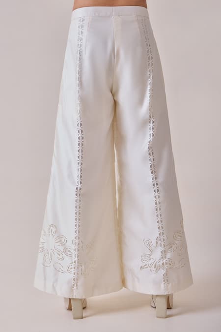 Buy_Needleten_Ivory Taffeta, Mesh Cut Work, Embroidery Floral Cutwork Palazzo _Online_at_Aza_Fashions