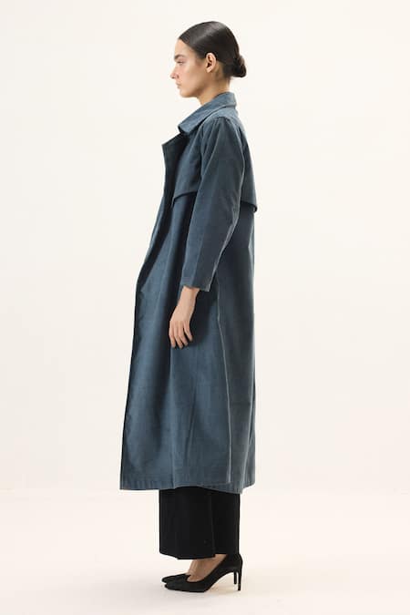 Kharakapas Blue Corduroy Deep Tide Trench Coat Online at Aza Fashions Kharakapas_Blue Corduroy Deep Tide Trench Coat _Online_at_Aza_Fashions