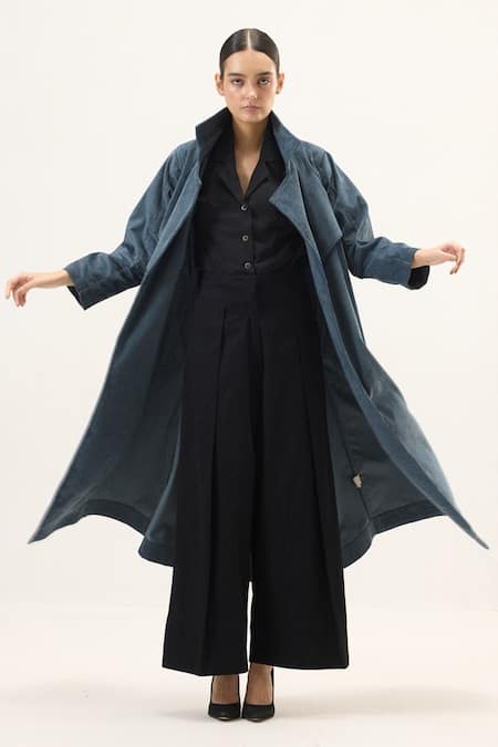 Shop Kharakapas Blue Corduroy Deep Tide Trench Coat Online at Aza Fashions Shop_Kharakapas_Blue Corduroy Deep Tide Trench Coat _Online_at_Aza_Fashions