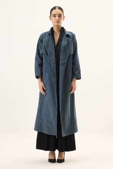 Kharakapas Blue Corduroy Deep Tide Trench Coat at Aza Fashions Kharakapas_Blue Corduroy Deep Tide Trench Coat _at_Aza_Fashions