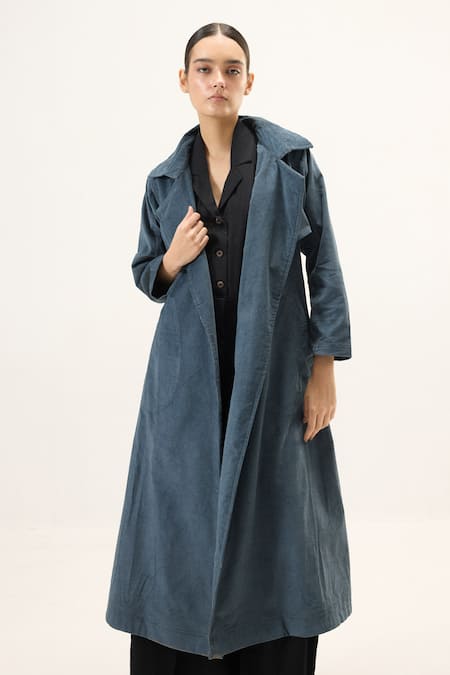 Buy Kharakapas Blue Corduroy Deep Tide Trench Coat Buy_Kharakapas_Blue Corduroy Deep Tide Trench Coat