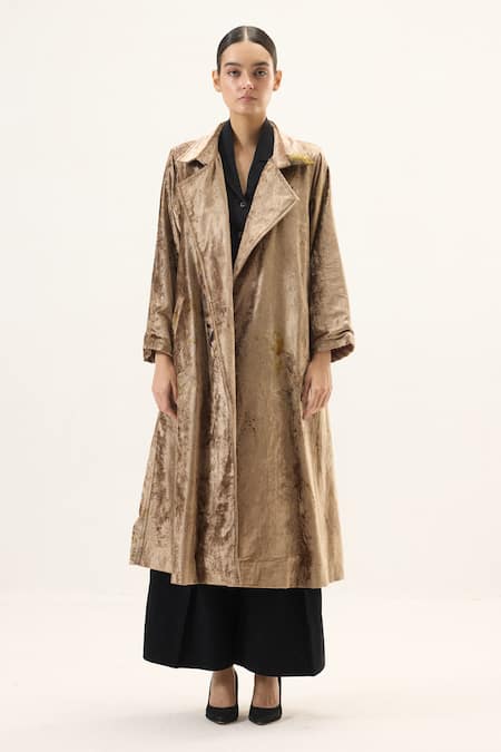 Kharakapas_Gold Velvet Glint Trench Coat _Online_at_Aza_Fashions