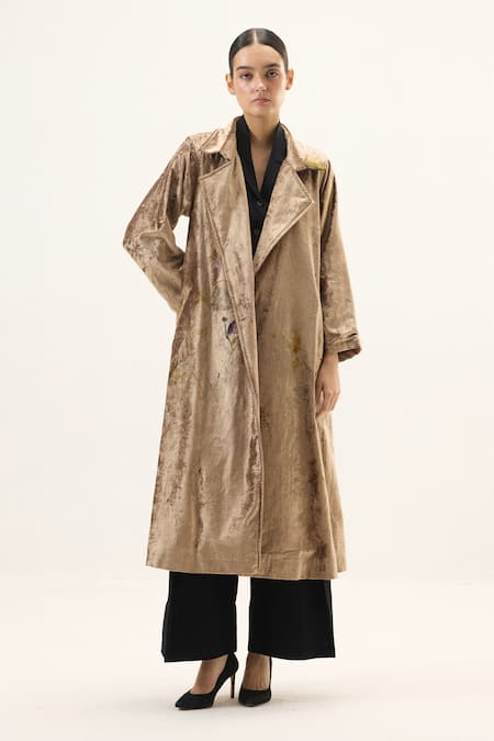 Buy_Kharakapas_Gold Velvet Glint Trench Coat _Online_at_Aza_Fashions