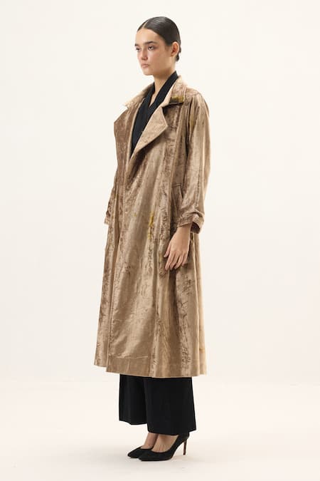 Shop_Kharakapas_Gold Velvet Glint Trench Coat _Online_at_Aza_Fashions