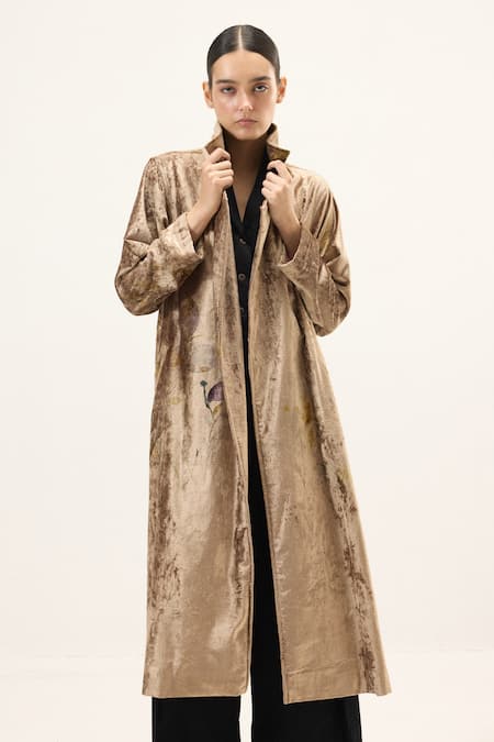 Buy_Kharakapas_Gold Velvet Glint Trench Coat 