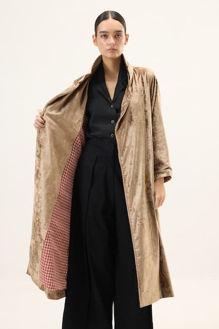 Shop_Kharakapas_Gold Velvet Glint Trench Coat 