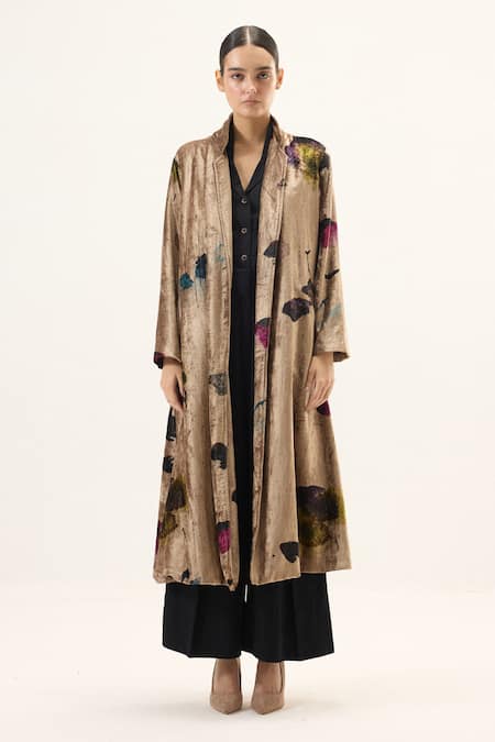 Kharakapas_Gold Velvet Aurielle Trench Coat _Online_at_Aza_Fashions