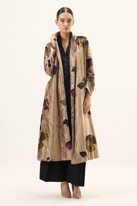 Buy_Kharakapas_Gold Velvet Aurielle Trench Coat _Online_at_Aza_Fashions
