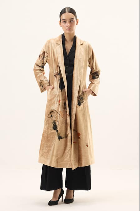 Shop_Kharakapas_Gold Velvet Abstract Pattern Trench Coat _Online_at_Aza_Fashions