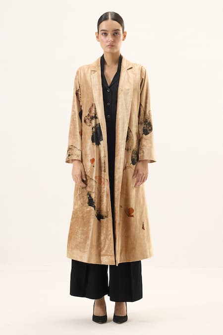 Kharakapas_Gold Velvet Abstract Pattern Trench Coat _at_Aza_Fashions