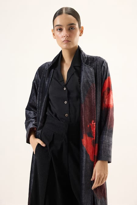 Kharakapas_Black Velvet Ink Rose Trench Coat _Online_at_Aza_Fashions