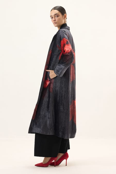 Shop_Kharakapas_Black Velvet Ink Rose Trench Coat _Online_at_Aza_Fashions
