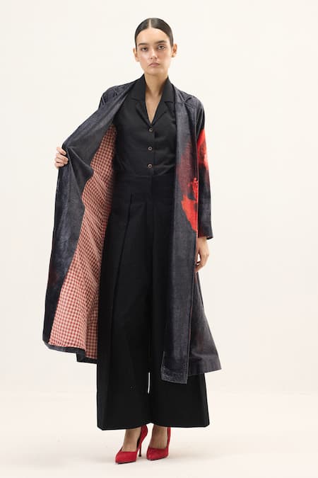 Kharakapas_Black Velvet Ink Rose Trench Coat _at_Aza_Fashions