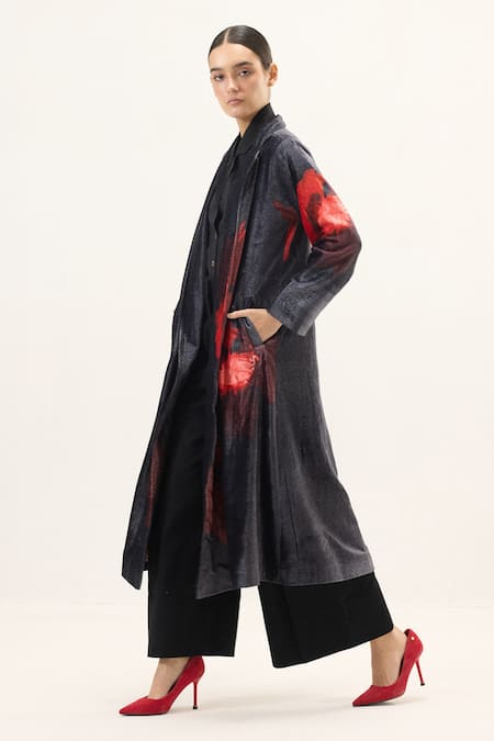Buy_Kharakapas_Black Velvet Ink Rose Trench Coat 