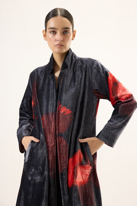 Shop_Kharakapas_Black Velvet Ink Rose Trench Coat 