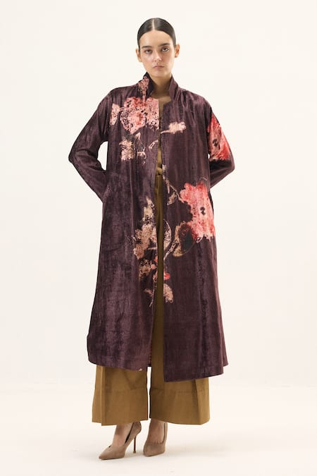 Kharakapas Fig Velvet Trench Coat 