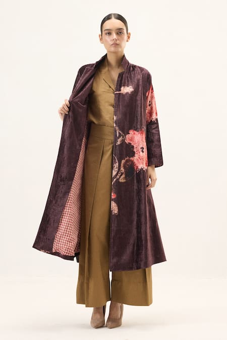 Kharakapas_Purple Velvet Fig Trench Coat _Online_at_Aza_Fashions