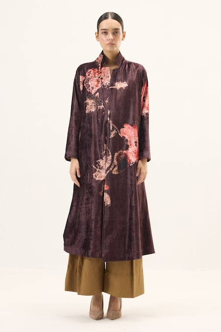 Buy_Kharakapas_Purple Velvet Fig Trench Coat _Online_at_Aza_Fashions
