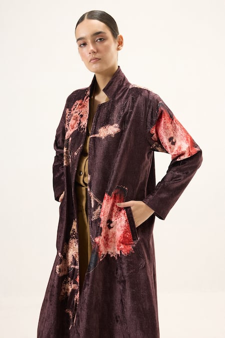 Kharakapas_Purple Velvet Fig Trench Coat _at_Aza_Fashions