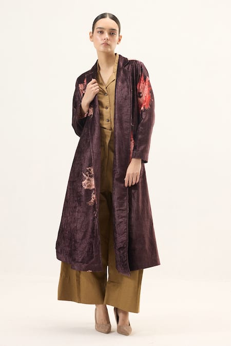 Buy_Kharakapas_Purple Velvet Fig Trench Coat 