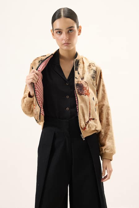Kharakapas_Gold Velvet Collared Sandswept Bomber Jacket _Online_at_Aza_Fashions