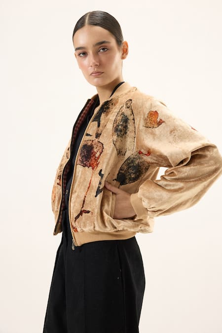 Shop_Kharakapas_Gold Velvet Collared Sandswept Bomber Jacket _Online_at_Aza_Fashions