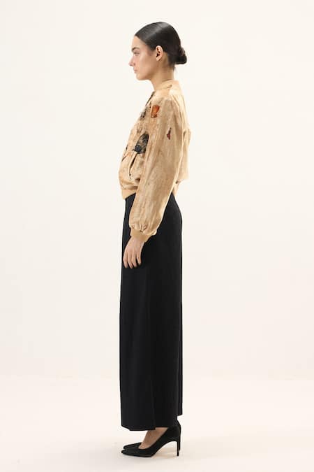 Kharakapas_Gold Velvet Collared Sandswept Bomber Jacket _at_Aza_Fashions