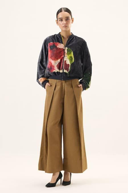 Kharakapas_Black Velvet Round Neck Graphite Bomber Jacket _Online_at_Aza_Fashions