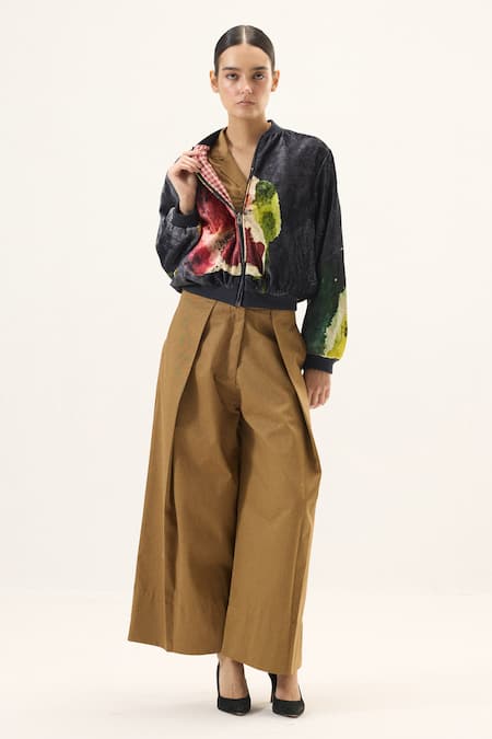 Buy_Kharakapas_Black Velvet Round Neck Graphite Bomber Jacket _Online_at_Aza_Fashions